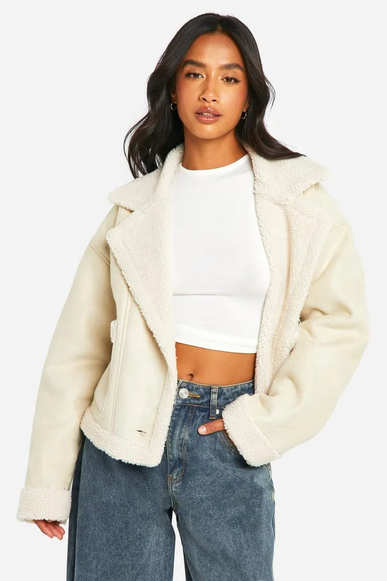 Petite Borg Lined Faux Suede Jacket - stone - 1