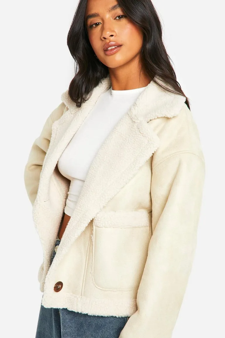 Petite Borg Lined Faux Suede Jacket - stone - 3