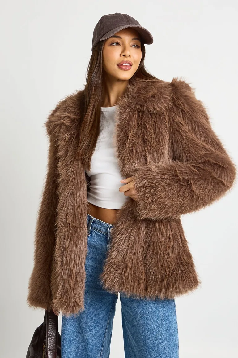 Peplum Cinched Waist Faux Fur Coat - taupe - 1
