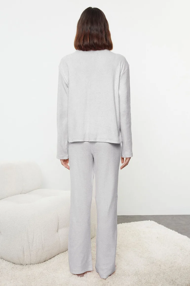 Grey Melange Brushed Soft Ribbed Cardigan Knitted Pajama Set - 3