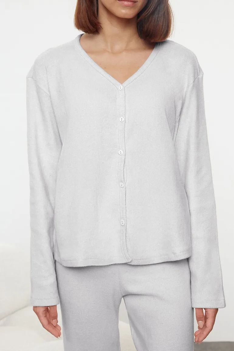 Grey Melange Brushed Soft Ribbed Cardigan Knitted Pajama Set - 2