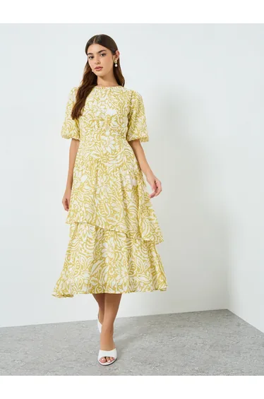 Women Yellow Floral Print Puff Sleeve Dress
