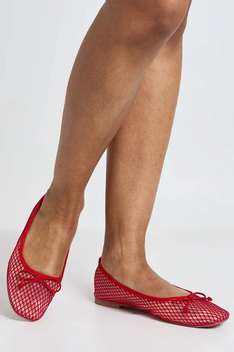 Mesh Bow Detail Ballet Flats - red