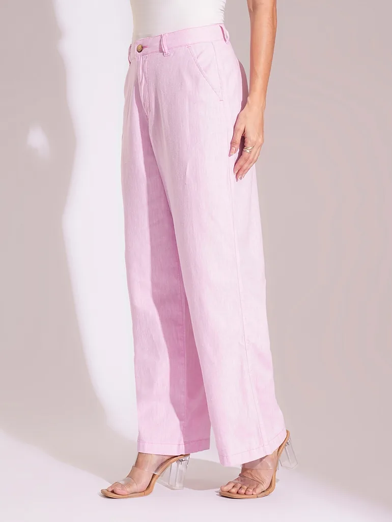 Light Pink Cotton High-Rise Wide Leg Trousers - 3
