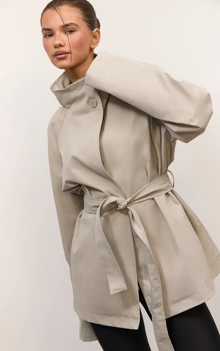 Beige Asymmetric Tie Waist Trench