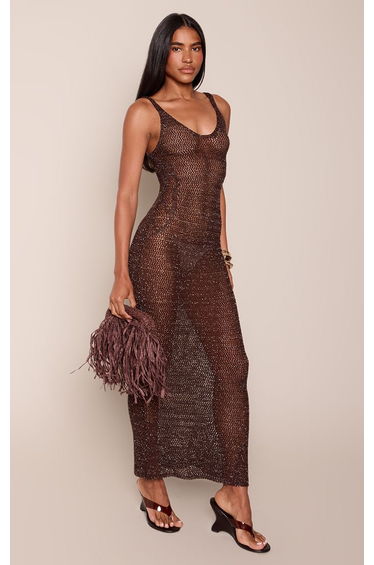 Chocolate Crochet Knit Metallic Detail Cami Strap Maxi Dress product thumbnail 3