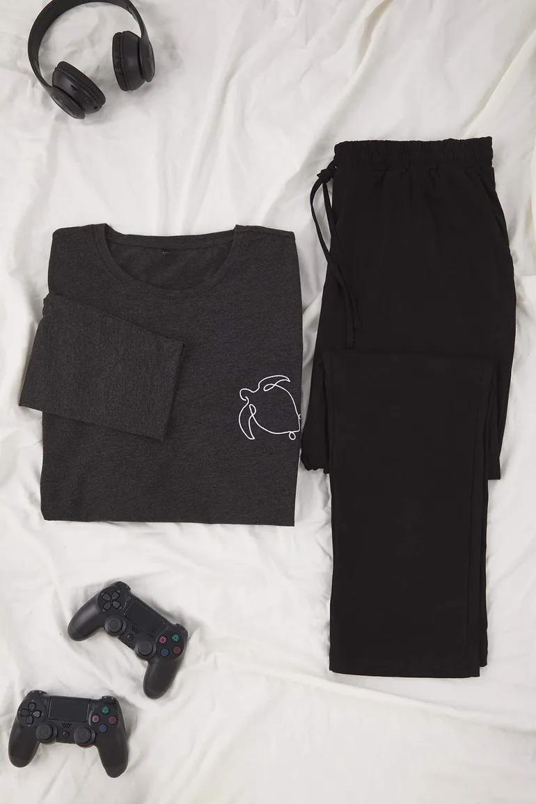 Anthracite Regular Fit Embroidered Knitted Plus Size Pajama Set