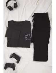 Anthracite Regular Fit Embroidered Knitted Plus Size Pajama Set