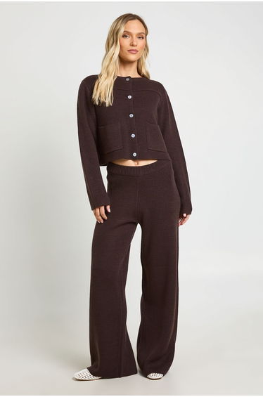 Petite Pocket Detail Crew Neck Knitted Cardigan and Wide Leg Trouser - chocolate