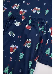 Navy Blue Regular Christmas Themed 100% Cotton Knitted Pajama Set - 1