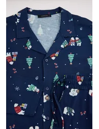 Navy Blue Regular Christmas Themed 100% Cotton Knitted Pajama Set - 2