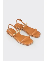 Tan Leather Women's Flat Sandals - 1