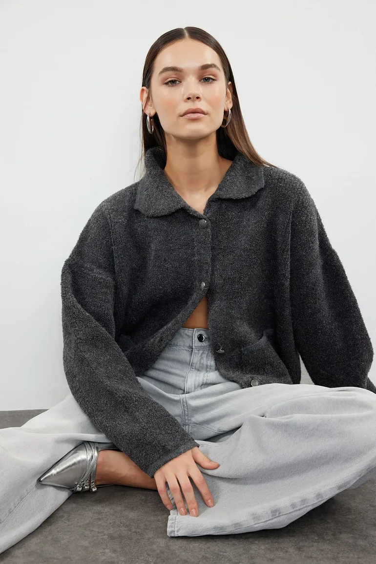 Anthracite Wide Fit Boucle Knitwear Cardigan - 5