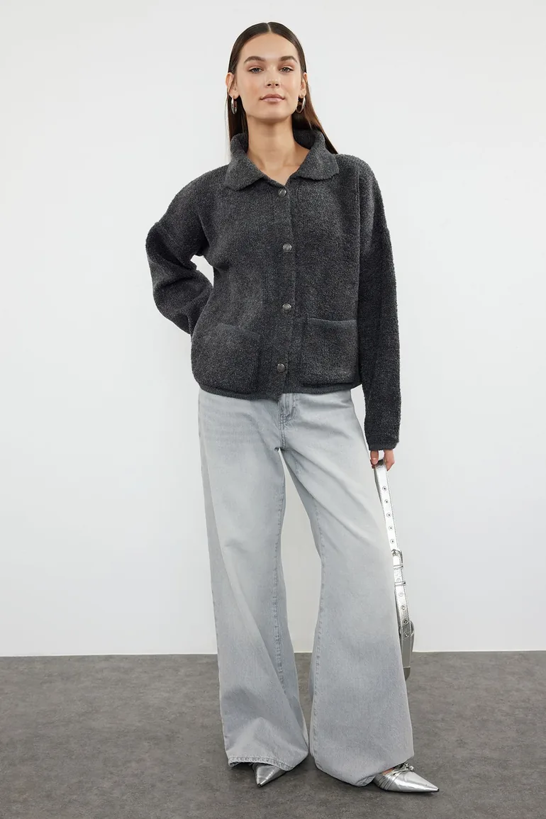 Anthracite Wide Fit Boucle Knitwear Cardigan