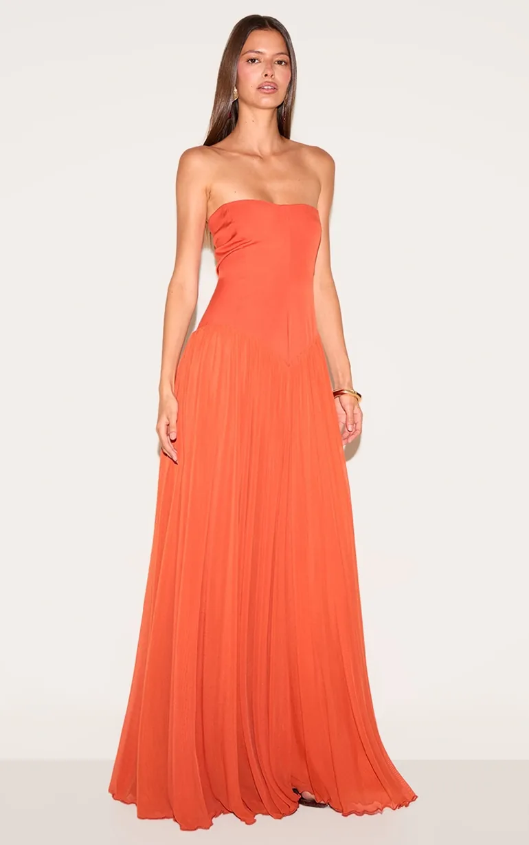 Orange Bandeau Chiffon Pleated Maxi Dress Prettylittlething : Evening  Dresses : VogaCloset Qatar