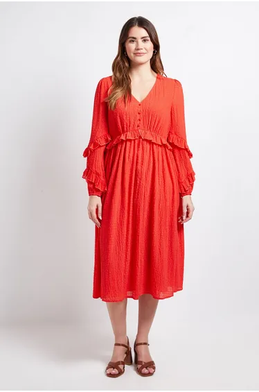 TEXTURED SPOT RUFFLE MIDI DRESS