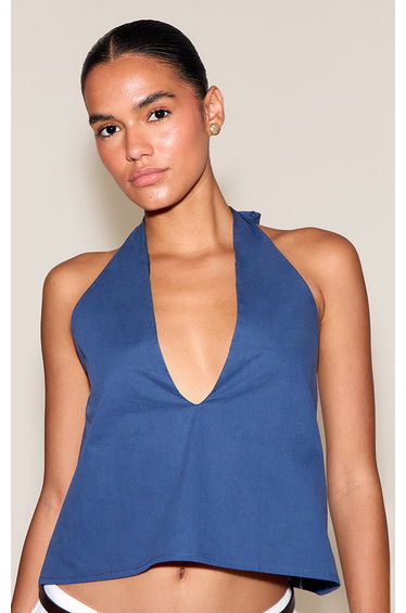 Navy Cotton Halteneck Longline Cami Top