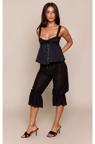Petite Black Lace Edge Tie Front Flowy Cami Top