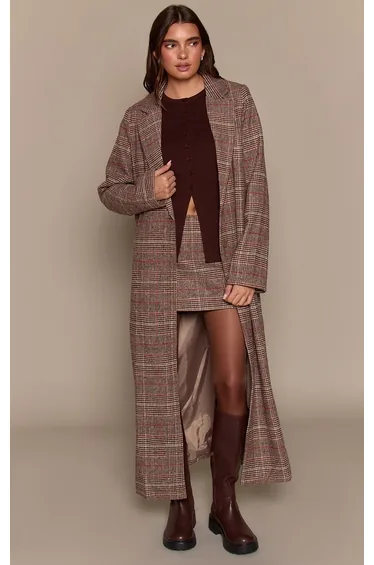 Brown Tartan Wool Look Coat