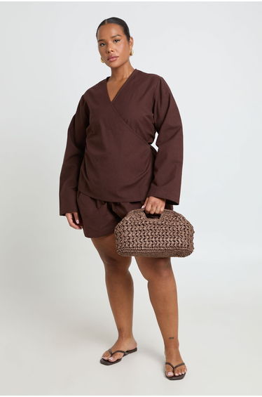Plus Linen Look Tie Wrap Long Sleeve Top & Flippy Short Co Ord - chocolate