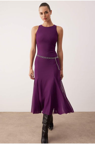 Plum Bodycon Lined Knitted Tulle Maxi Evening Dress Night Graduation Dress