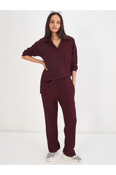 Women Wine Waffle Knit Trousers