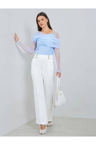 White Wide Leg Buttoned Trousers