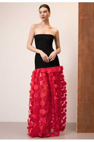 3D Disc Mesh Panel Strapless Maxi Dress in Red