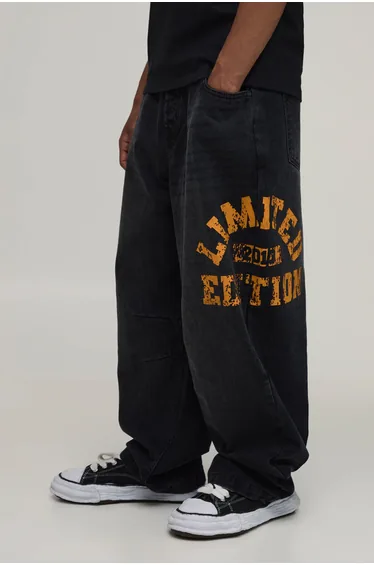 Balloon Rigid Varsity Print Denim Jeans - black