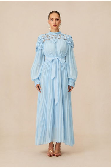 Gorgeous Purpose Blue Embroidered Lace Chiffon Maxi Dress