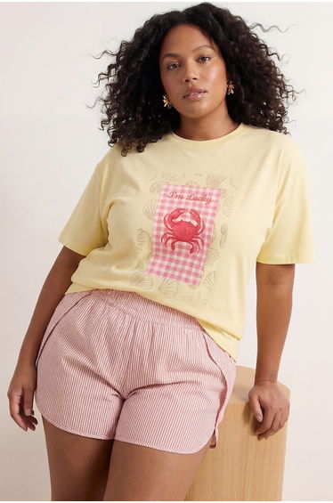 Yellow Crab Printed Oversize Fit Long Length Plus Size T-Shirt