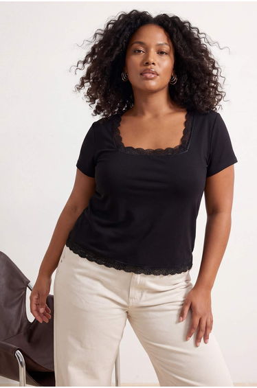 Black Lace Collar Detail Short Sleeve Knitted Plus Size Blouse