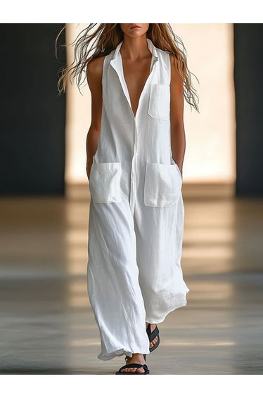 Loose Sleeveless Solid Color Split-Joint Round-Neck Jumpsuits