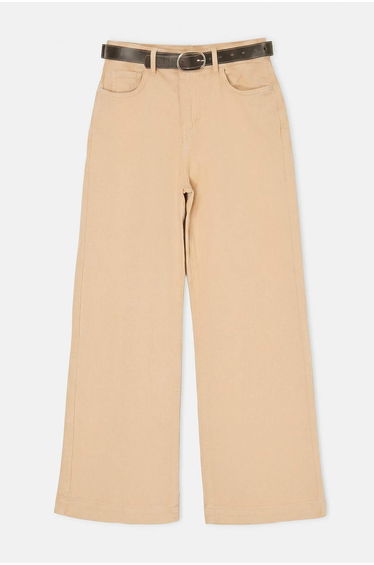Beige Belted High Waist Medium Stretch Wide Leg Jeans