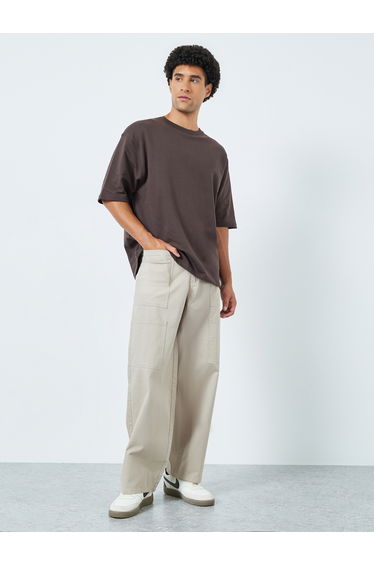 Men Beige Baggy Fit Trousers with Cargo Pockets