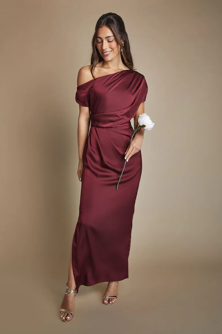 Satin Ruched Detail Off The Shoulder Maxi Bridesmaid Dress
