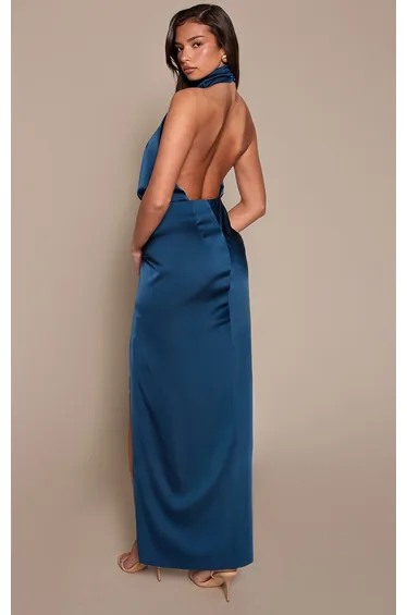 Petrol Blue Satin High Neck Maxi Dress