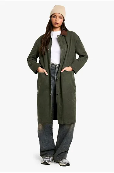 Cord Collar Detail Midi Barn Jacket