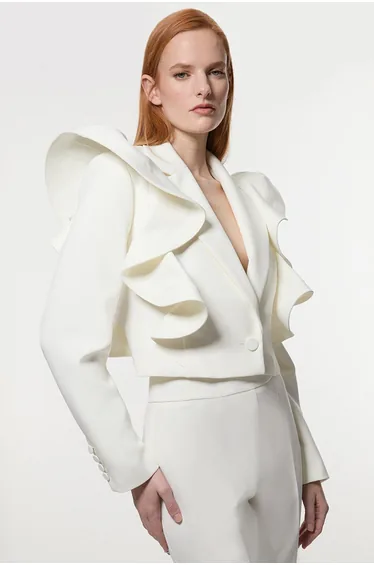 Drama Ruffle Tailored Single Breasted Cropped Blazer