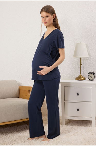 Navy Blue Suitable for Breastfeeding 100% Cotton 3 Piece Set Knitted Pajama Set