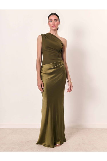 Elegant One-shoulder Satin Pleated Maxi Party Dress
