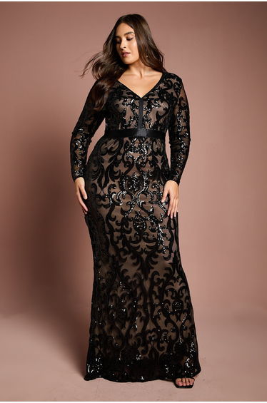 Plus Size Long Sleeve Sequin Maxi Dress