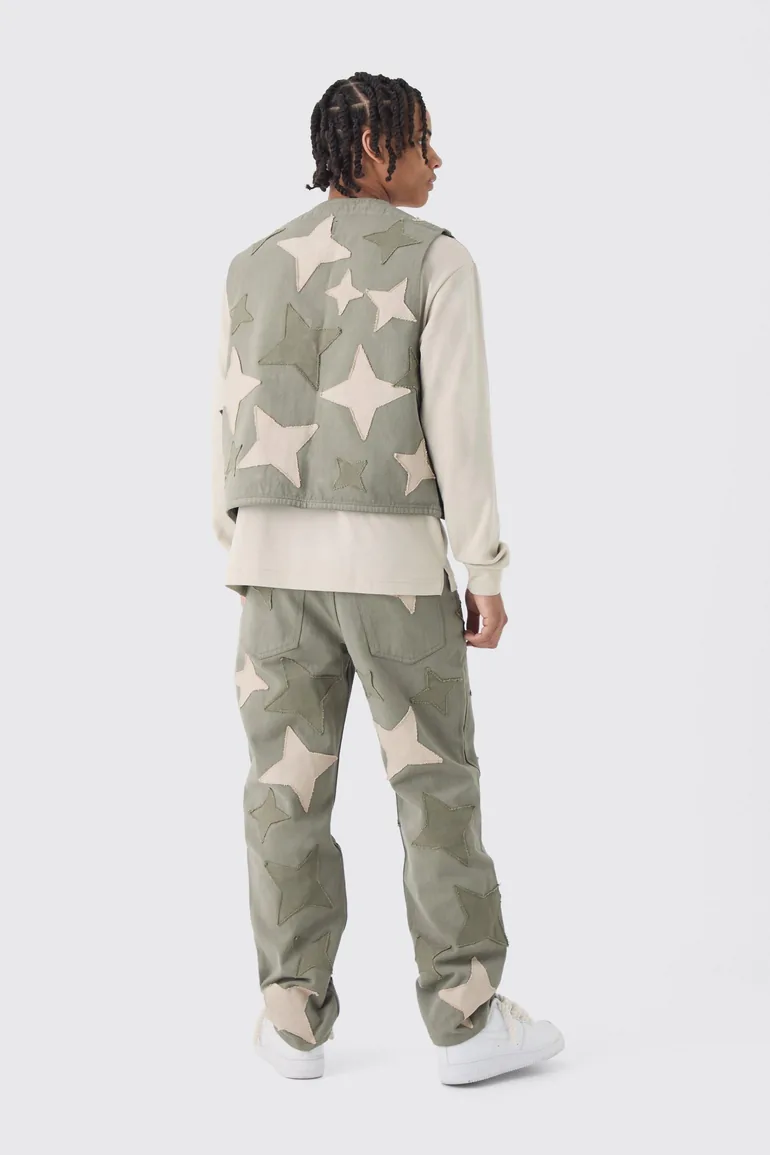 Relaxed Fit Star Patchwork Applique Jeans - khaki - 1