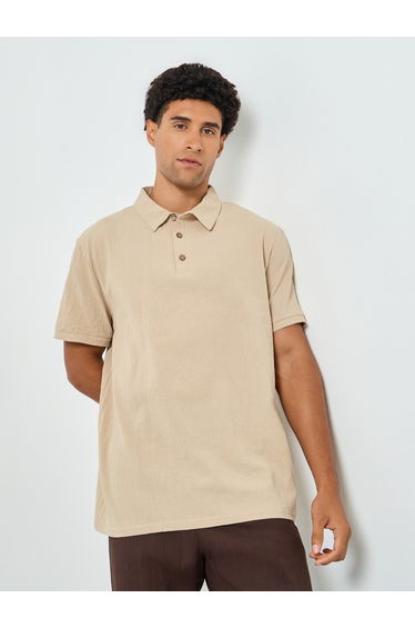 Men Beige Linen Blend Short Sleeve Polo