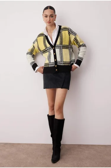 Yellow Soft Texture Plaid Wide Pattern Knitwear Cardigan