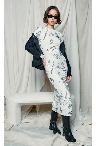 White Doodle Print Mesh Maxi Dress
