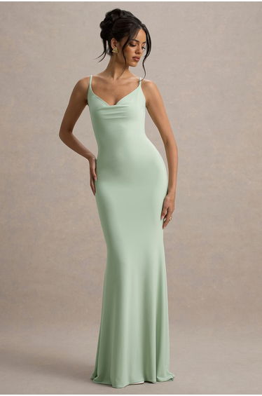 Francoise | Light Green Cowl Neck Backless Maxi Dress With Lace Insert