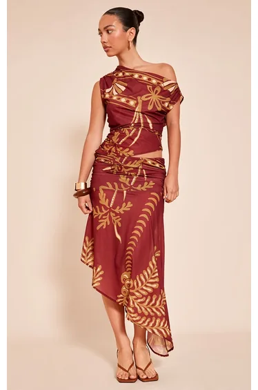 Rust Palm Print Chiffon Asymmetric Midi Skirt