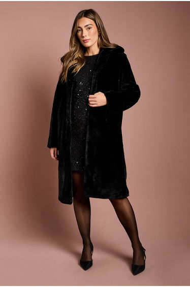 Black Faux Fur Longline Collared Coat