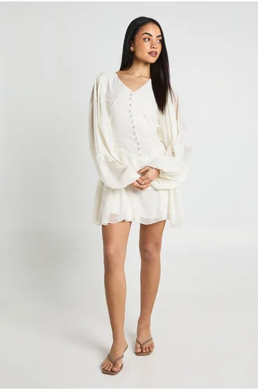 Floral Burnout Volume Sleeve Ruffle Hem Mini Dress - ivory
